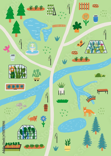 Hand Drawn Nature Garden Greenery Vertical Map with Road and Lake.  Botanical Vector illustration