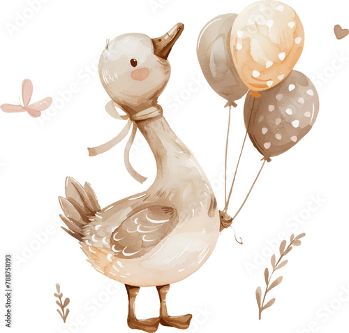 Cute goose with balloons. Watercolor vector illustration