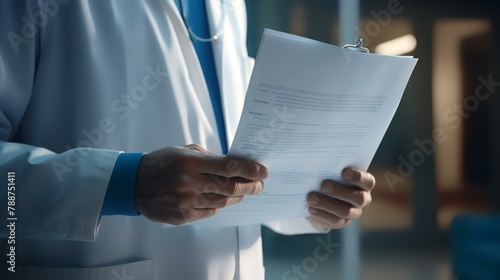 Close-up of a female doctor reading a medical report at night photo