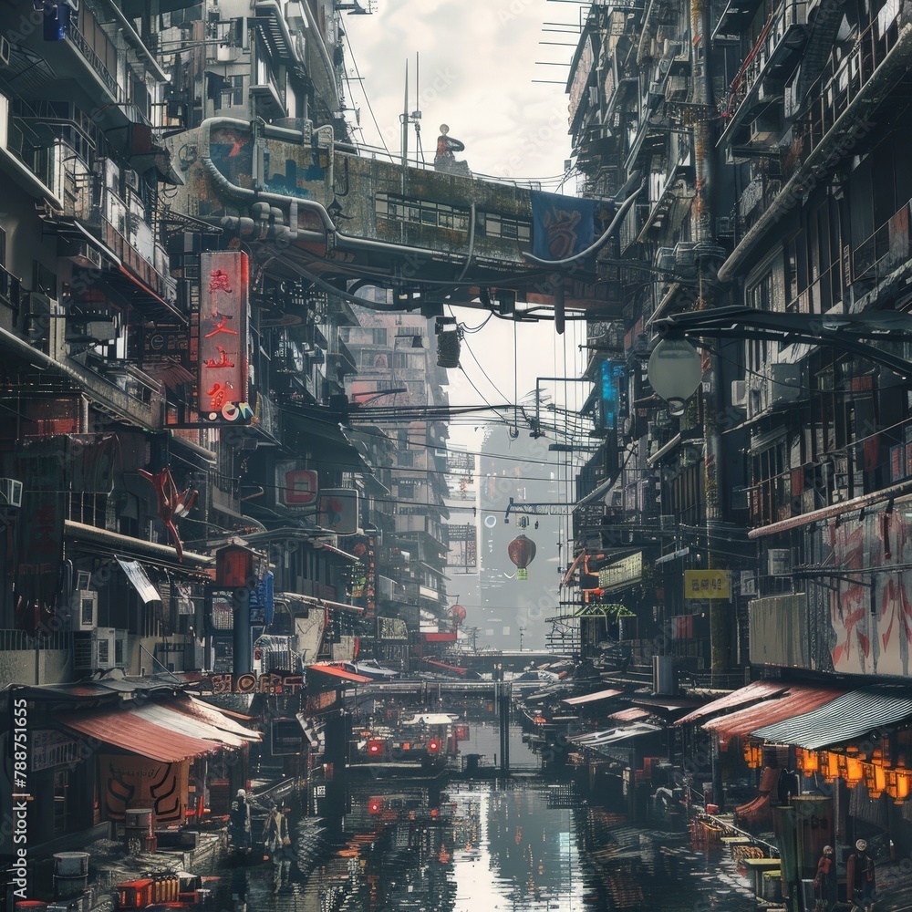 A cyberpunk city with a canal running through its center, lined with futuristic buildings and neon lights. Dystopian atmosphere with a blend of technology and urban decay.