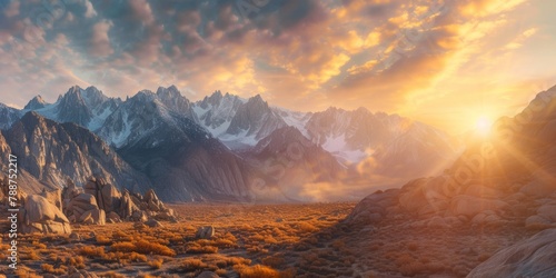 Panoramic view of snow mountains range landscape. Generative AI. © Nadejda