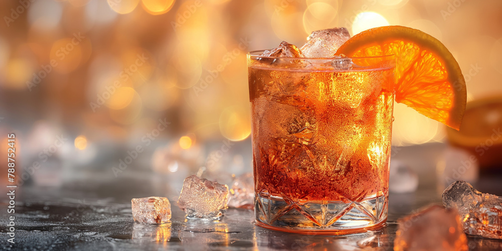 Negroni cocktails with orange slices, accompanied by ice cubes and orange wedges Negroni cocktails with orange slices, accompanied by ice cubes and orange wedges