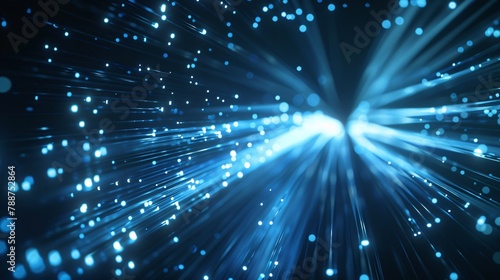 Digital Blue Light Fibers Accelerating. Dynamic blue optical fibers emitting light, representing high-speed data transfer and connectivity.