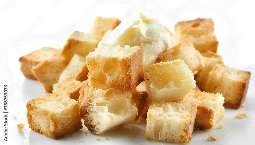 Tasty croutons with cream cheese on white background Tasty croutons with cream cheese on white background