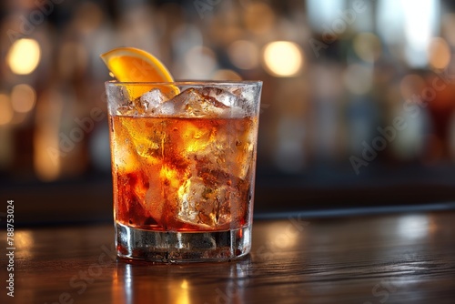 Negroni cocktail with an orange twist in a short glass at a bar