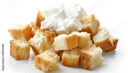 Tasty croutons with cream cheese on white background