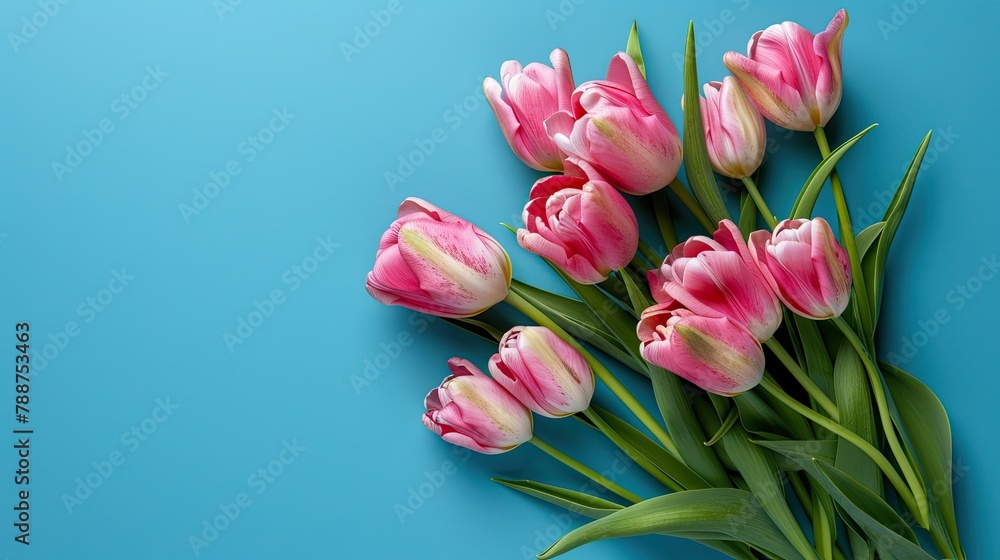 A stunning spring bouquet of pink tulip flowers set against a vibrant blue background with ample space for text or design A stunning spring bouquet of pink tulip flowers set against a vibrant blue background with ample space for text or design