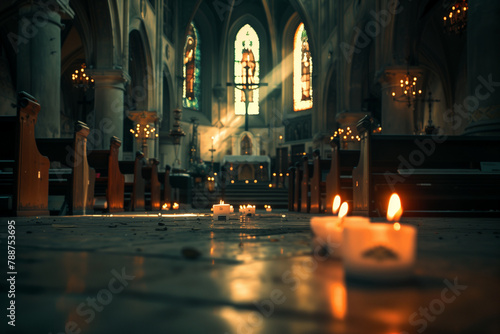 A tranquil photograph capturing the hushed reverence of a church interior, with candles flickering and shadows dancing in the soft, dreamy light, creating a sacred atmosphere of so