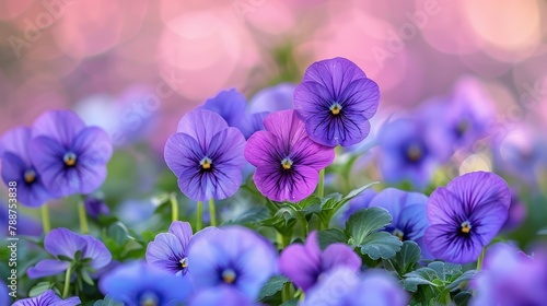   A foreground of purple and blue blooms with green foliage  backed by a pink backdrop softly blurred
