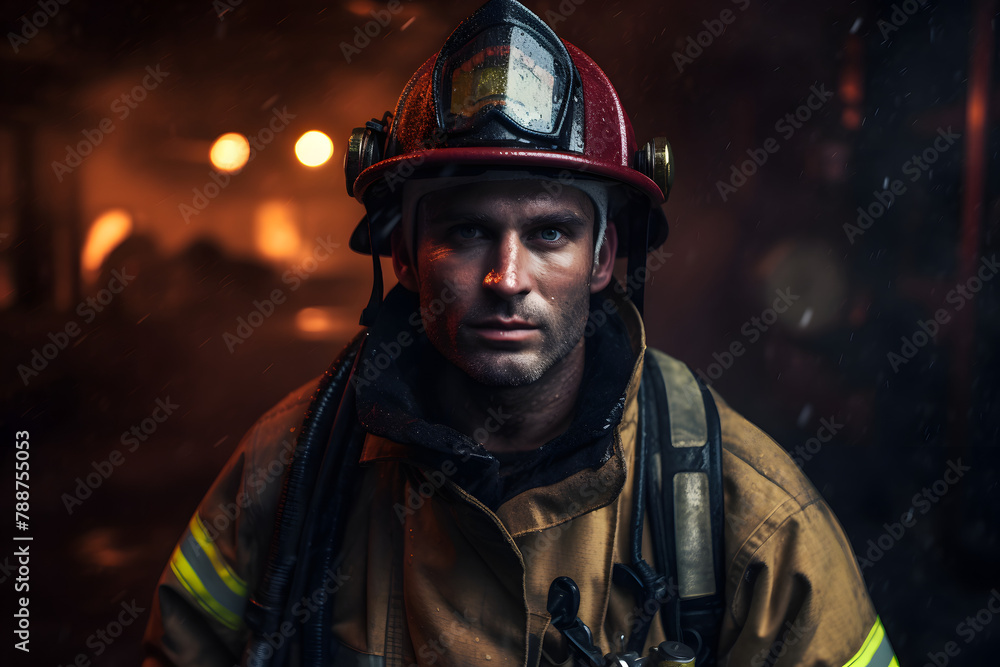 Photo of a firefighter, portrait of a woorking firefighter, firefighter