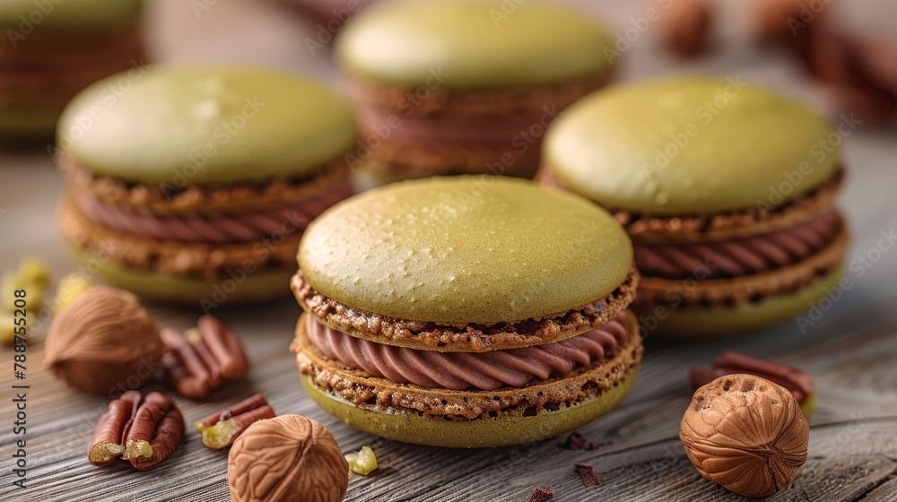 A collection of green macaroons atop a wooden table, surrounded by nuts and nutshells A collection of green macaroons atop a wooden table, surrounded by nuts and nutshells