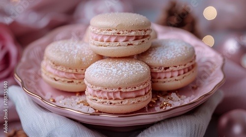   A pink plate holds macaroons, each topped with powdered sugar Sprinkles of additional powdered sugar adorn the treats