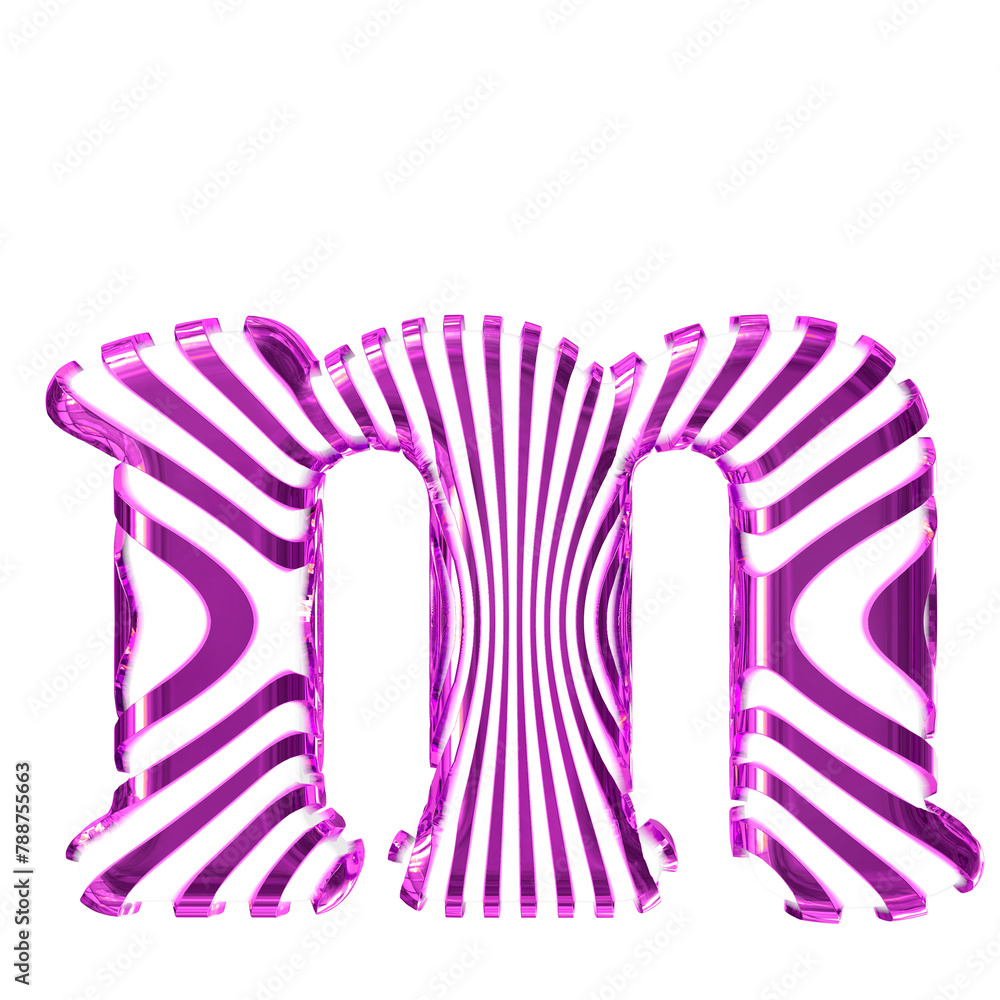 White 3d symbol with purple vertical ultra-thin straps. letter m White 3d symbol with purple vertical ultra-thin straps. letter m