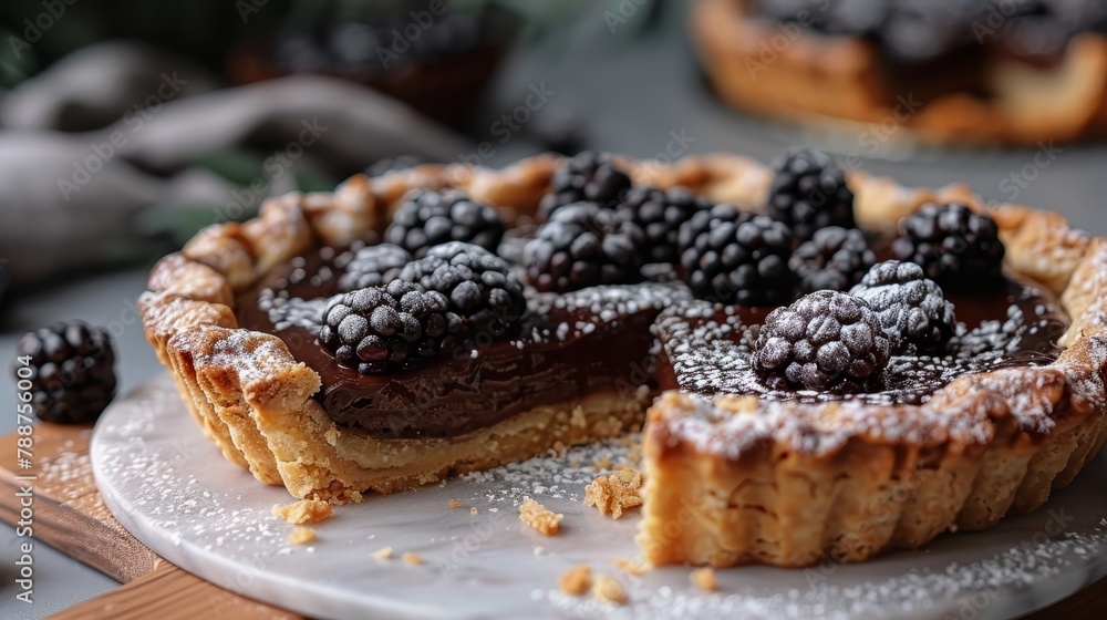A tight shot of a pie on a plate, berries adorning its peak Another pie visible in the backdrop A tight shot of a pie on a plate, berries adorning its peak Another pie visible in the backdrop