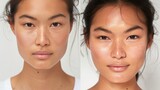 Beauty transformation: Young Asian woman before and after makeup application, showcasing flawless foundation