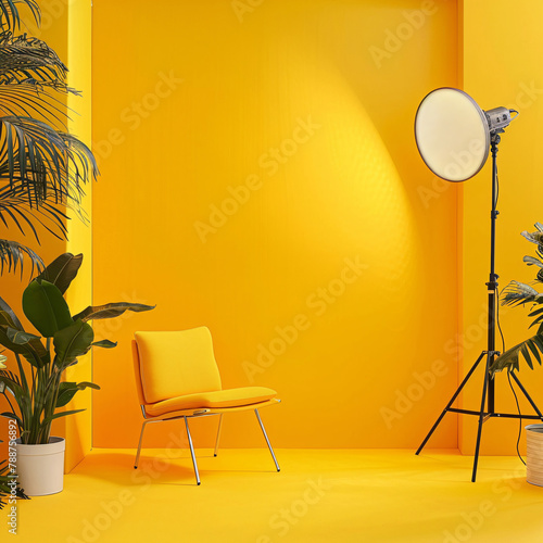 Yellow studio. Yellow interior with a chair and a round mirror. Empty yellow background. Empty interrior, photo