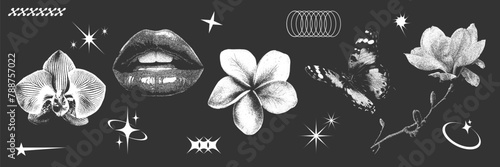 Retro futuristic photocopy elements set. Contemporary vector stickers design, woman lips, various flowers and butterfly. Vintage negative halftone effect, trendy y2k aesthetic.