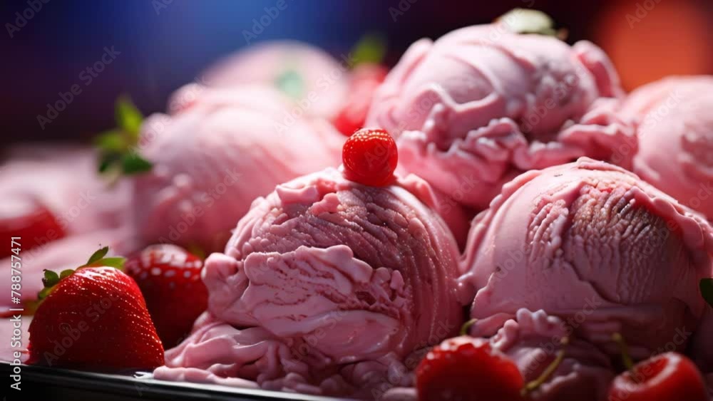Delicious balls of strawberry pink ice cream sundae Delicious balls of strawberry pink ice cream sundae