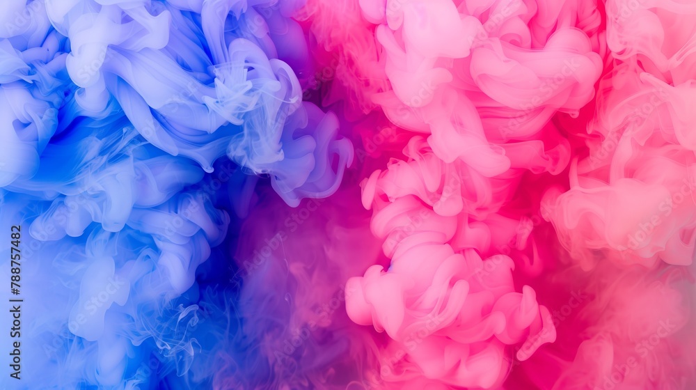 Close up of electric blue and magenta smoke on white background