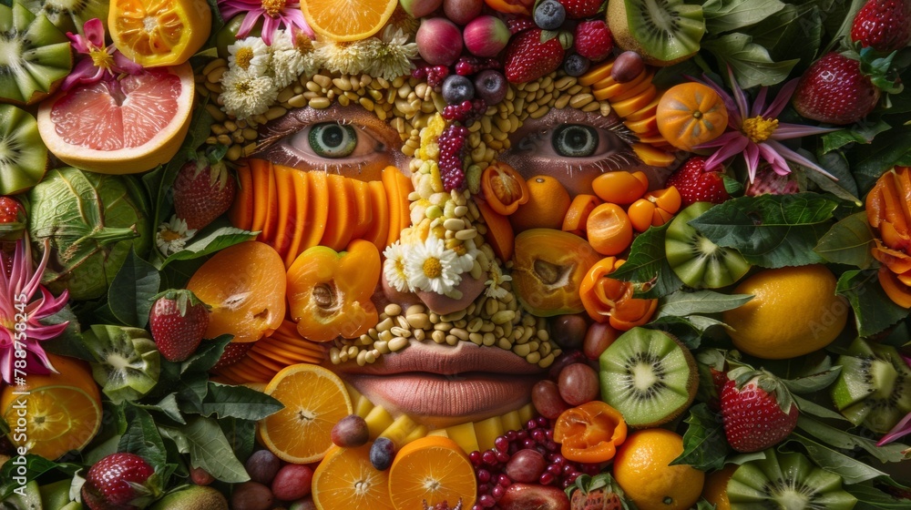 A face made of fruit and vegetables arranged in a mosaic, AI