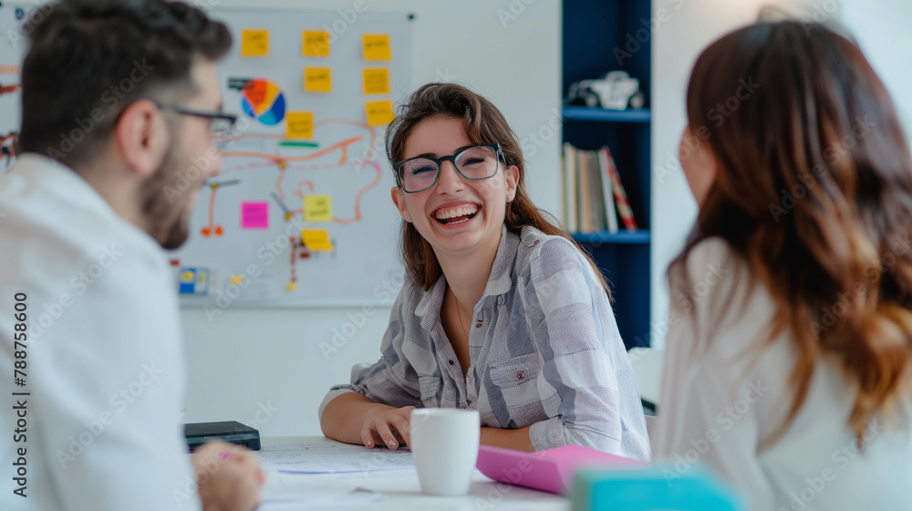 A team of coworkers in a cozy meeting room, surrounded by whiteboards filled with colorful diagrams, all grinning as they finalize a game-changing strategy.