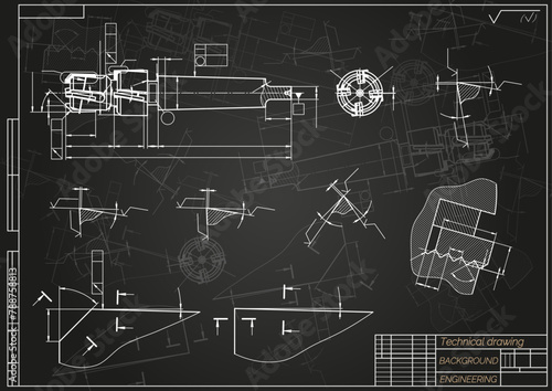 Mechanical engineering drawings on black background. Tap tools, borer. Technical Design. Cover. Blueprint. Vector illustration.