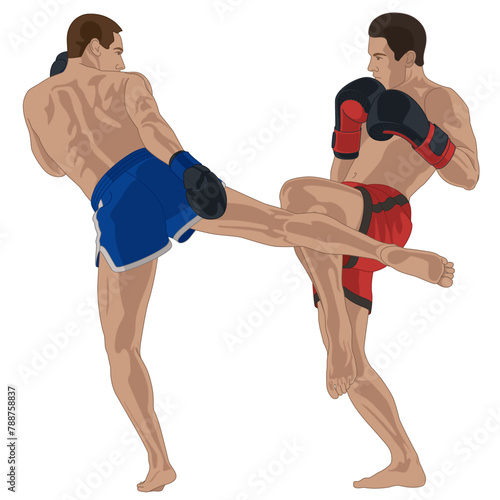 kickboxing, match between two male boxers isolated on a white background