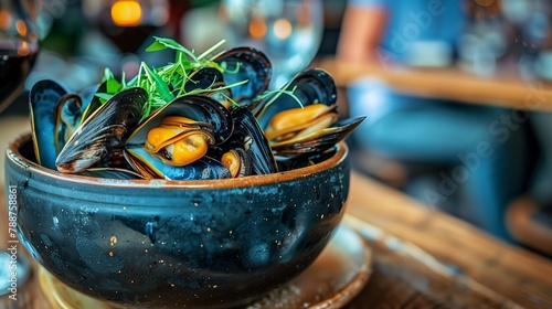 Mixing bowl filled with mussels on a rustic wooden table
