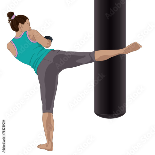 kickboxing, female boxer kicking a punching bag isolated on a white background