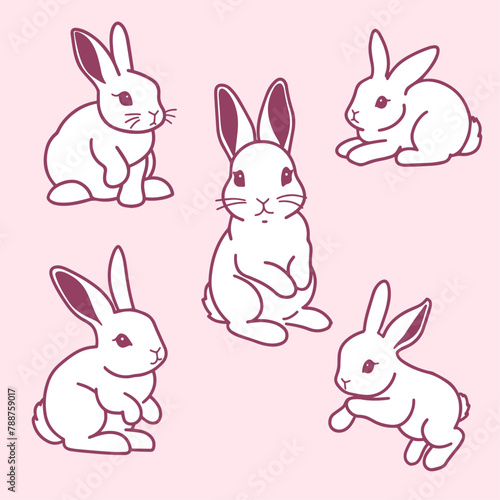 Set of Easter Bunnies. Cute bunnies in different poses on pink background. Hand drawn vector illustration