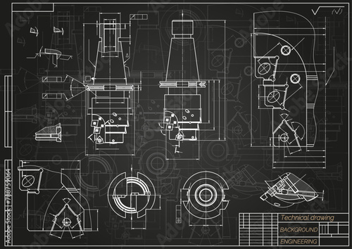 Mechanical engineering drawings on black background. Tap tools, borer. Technical Design. Cover. Blueprint. Vector illustration.
