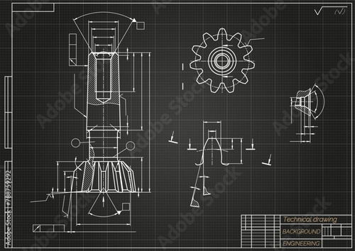 Mechanical engineering drawings on black background. Tap tools, borer. Technical Design. Cover. Blueprint. Vector illustration.
