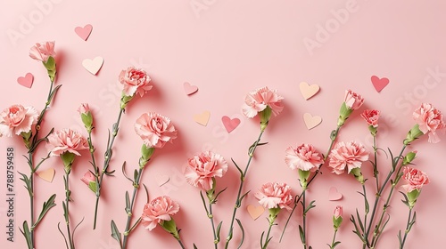 An enchanting Mother s Day gift suggestion Imagine a delightful display of carnation flowers and heart shaped notes set against a soft pastel pink backdrop photo