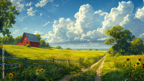 An idyllic farm with green fields and blue skies.