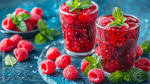  Two glasses, brimmed with red raspberries, rest beside a full plate of the same fruit on a blue tabletop