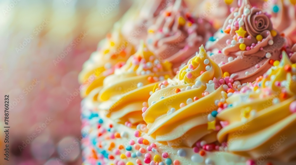 Detailed close-up of a birthday cake adorned with colorful sprinkles and frosting