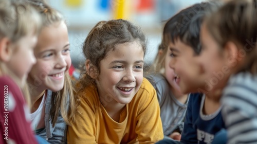 Young children sitting closely together, sharing stories and laughing during a break photo