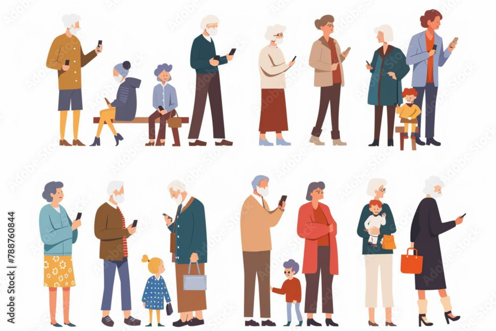 Aged people. Seniors together, with grandchildren and children, an elderly man and woman use phones and communicate. Grandparents in full growth vector icon, white background, black colour icon