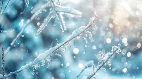 Detailed view of a snow-covered tree branch with snowflakes on it, set against a backdrop of snowy trees in a winter landscape