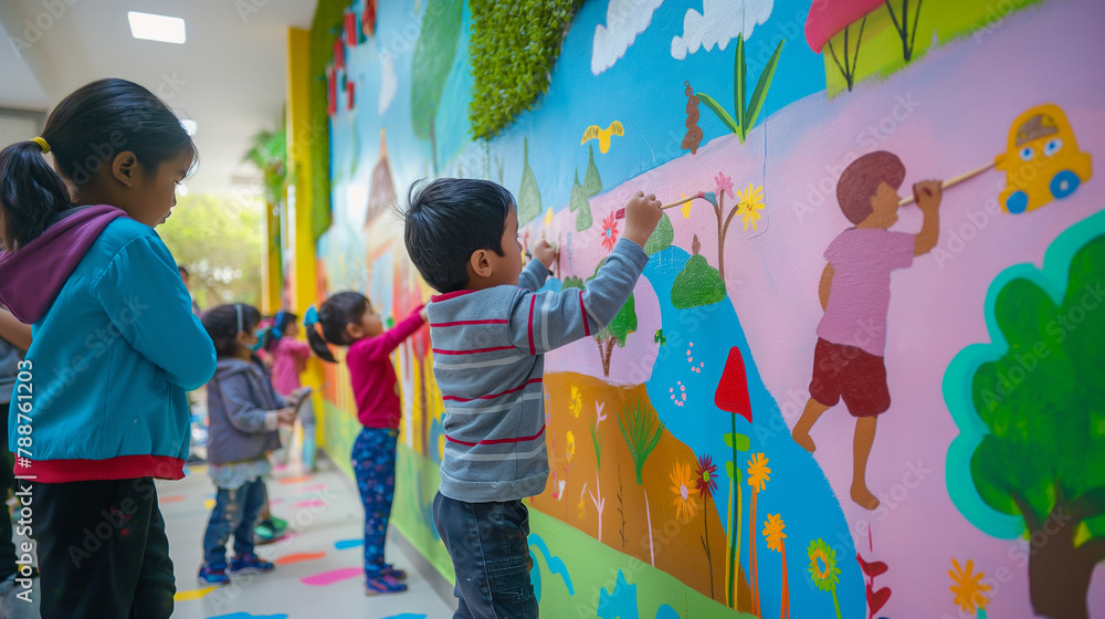 Children painting walls and adding personal touches to their play areas. Happiness, love, sincerity, team, knowledge, desire to live Children painting walls and adding personal touches to their play areas. Happiness, love, sincerity, team, knowledge, desire to live