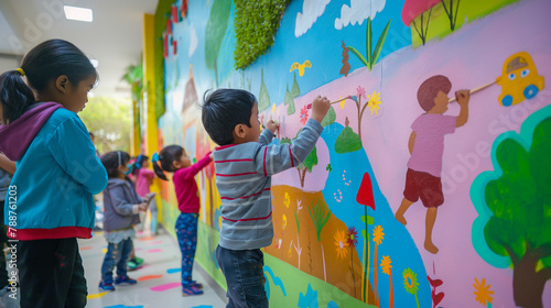 Children painting walls and adding personal touches to their play areas. Happiness, love, sincerity, team, knowledge, desire to live