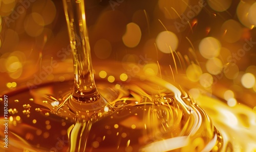 Pouring Golden Oil Close-Up, Culinary Photography, Golden Liquid Texture Flowing in a Close-Up View