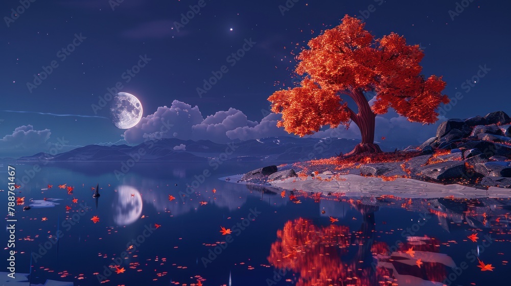 Serene scene of an autumn tree under the moonlit sky, its reflection shimmering in the dark water below. Serene scene of an autumn tree under the moonlit sky, its reflection shimmering in the dark water below.