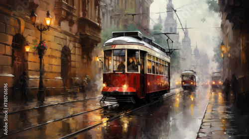 Vintage Tram on Cobblestone Street in Classic Old City. Nostalgic Red Tram Rides Through Historic Urban Landscape. Generative AI