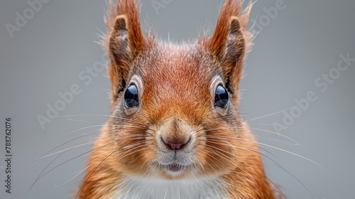  Close-up of a squirrel's expressive face with shock or surprise, set against a gray backdrop