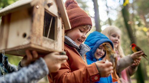Children helping to build a birdhouse and feeder to attract wildlife to their backyard. Happiness, love, sincerity, team, knowledge, desire to live