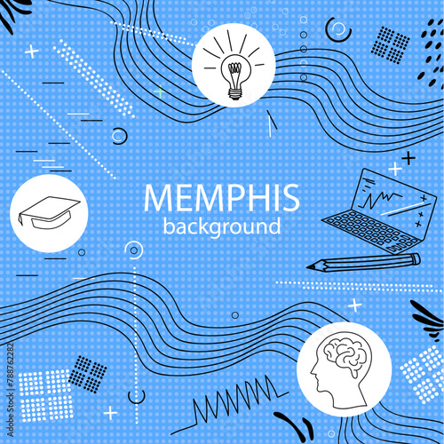 Memphis style background. Online education. Distance learning for students. Creative thinking, super ideas. Hand drawn vector illustration.