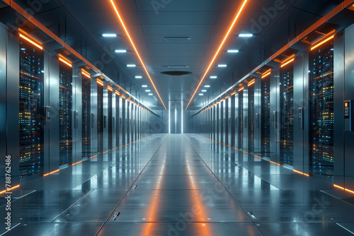 modern data center with rows of fully operational server racks illuminated by overhead lights © Imane