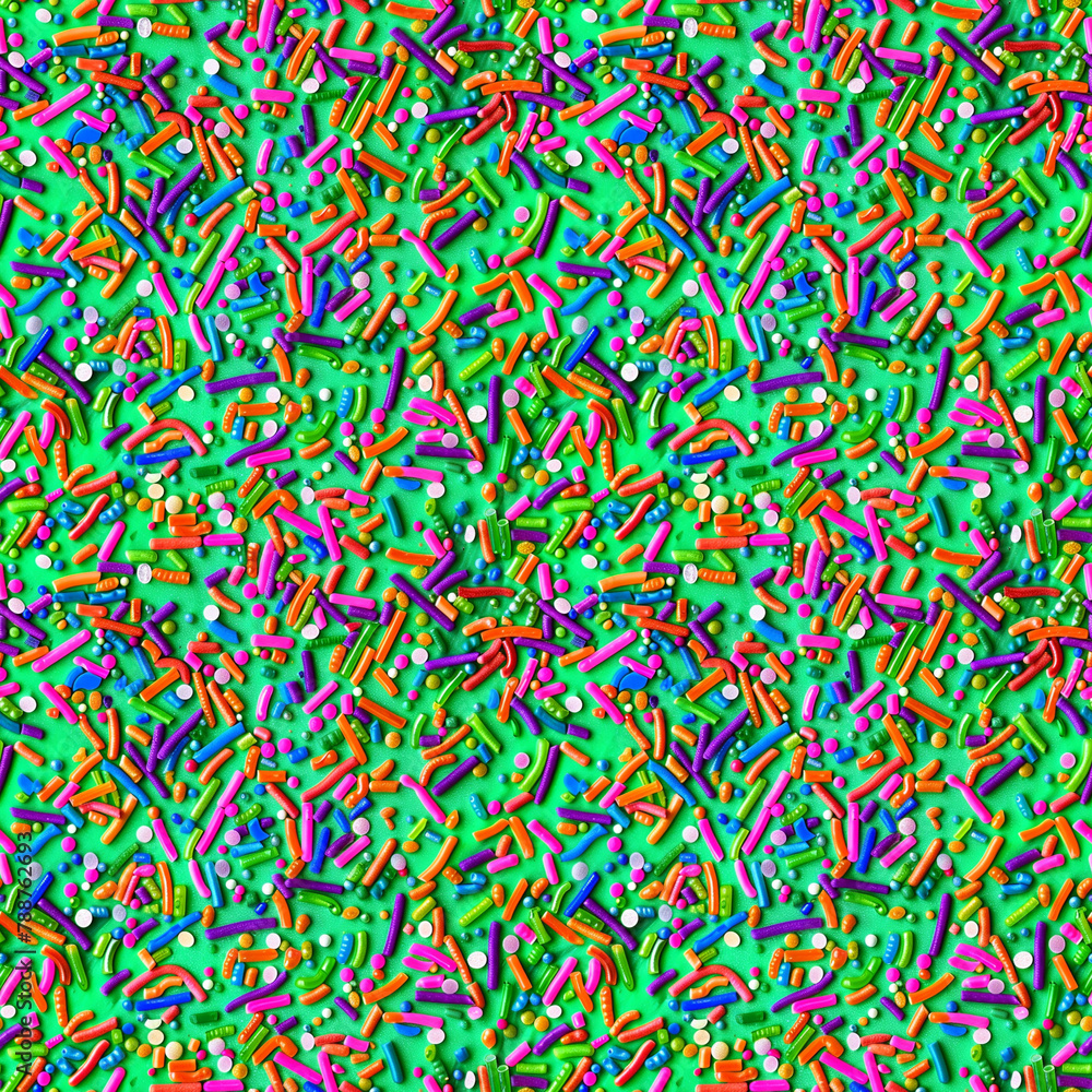 rainbow sprinkles on a green icing background, repeatable seamless background tile
