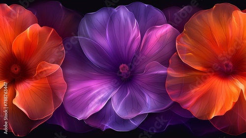   A tight shot of three flowers against a black backdrop Red and purple blossoms occupy the center photo